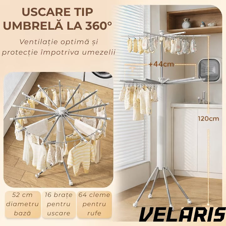 Uscator de rufe vertical, 2 nivele, pliabil, mobil, suport umerase, 16 tije, 24 cleme, 170 cm, uscare 360°