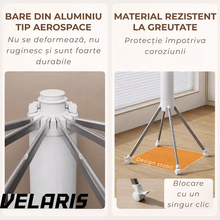 Uscator de rufe vertical, 2 nivele, pliabil, mobil, suport umerase, 16 tije, 24 cleme, 170 cm, uscare 360°