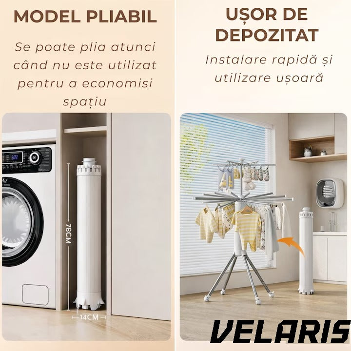 Uscator de rufe vertical, 2 nivele, pliabil, mobil, suport umerase, 16 tije, 24 cleme, 170 cm, uscare 360°