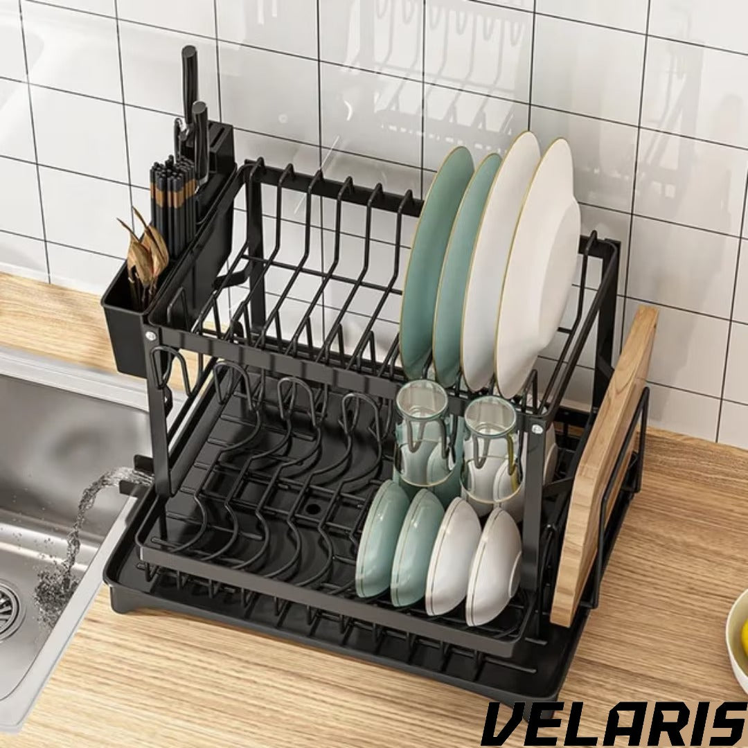 Uscator de vase supraetajat, 2 niveluri, suport pentru tacamuri si pahare, tava scurgere, metal rezistent, 42x30x29 cm, negru