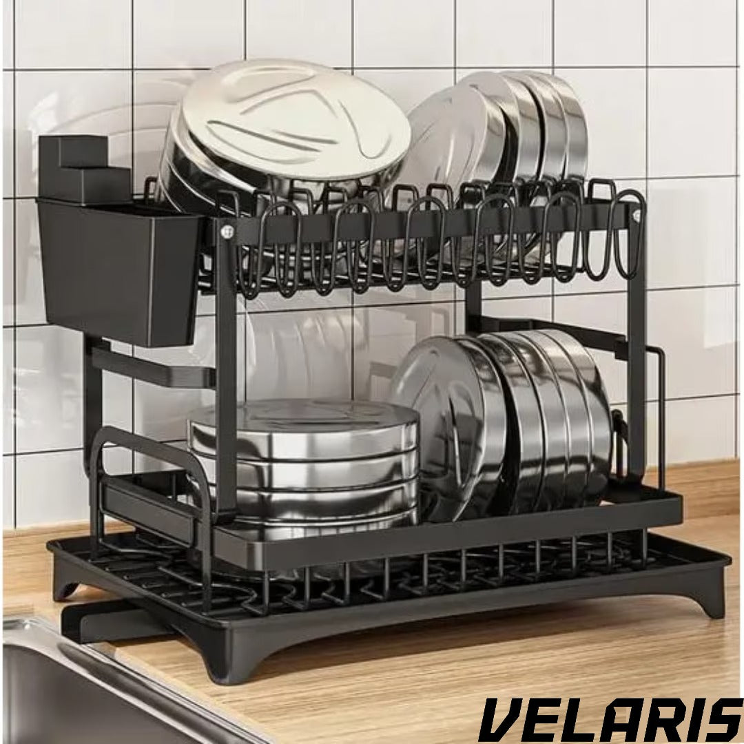 Uscator de vase supraetajat, 2 niveluri, suport pentru tacamuri si pahare, tava scurgere, metal rezistent, 42x30x29 cm, negru