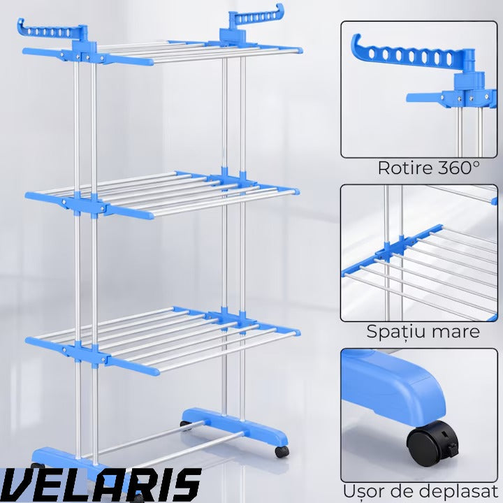 Uscator vertical pentru rufe, cu 3 nivele de uscare, mobil si pliabil, suport umerase, albastru