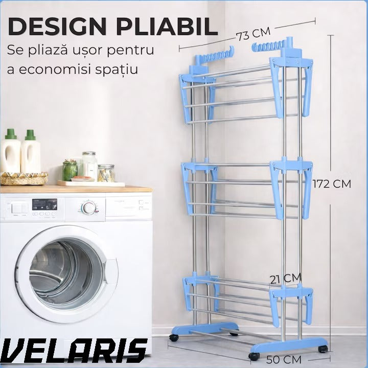 Uscator vertical pentru rufe, cu 3 nivele de uscare, mobil si pliabil, suport umerase, albastru