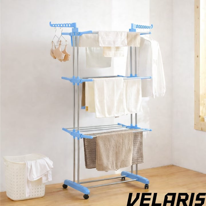 Uscator vertical pentru rufe, cu 3 nivele de uscare, mobil si pliabil, suport umerase, albastru