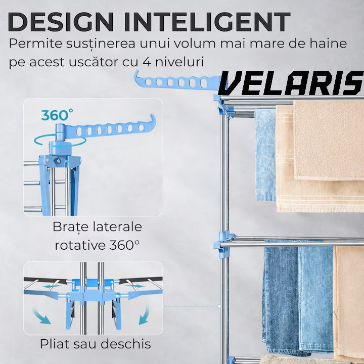 Uscator vertical pentru rufe, cu 3 nivele de uscare, mobil si pliabil, suport umerase, albastru