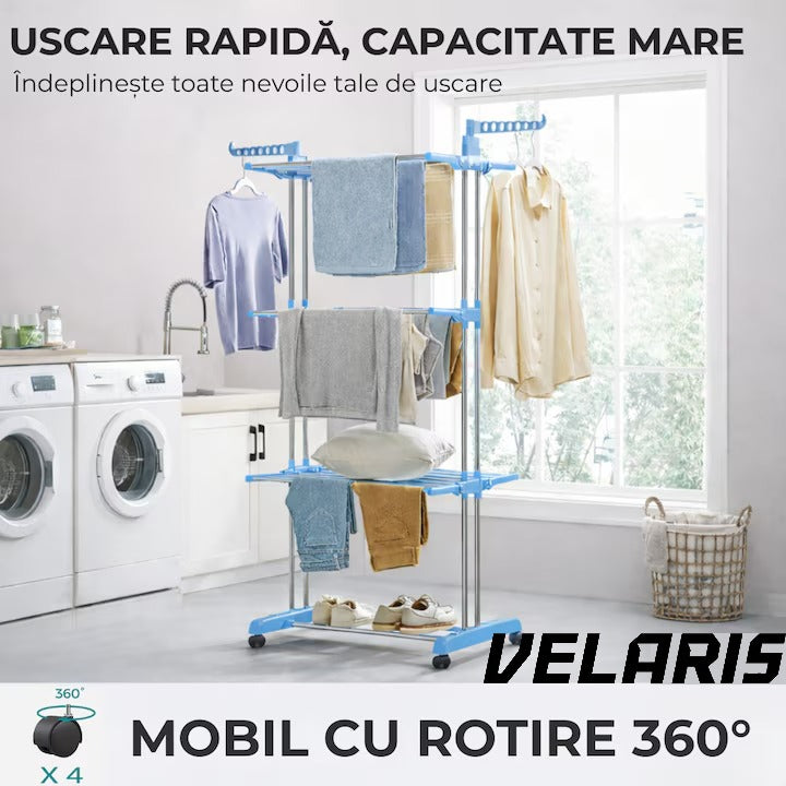 Uscator vertical pentru rufe, cu 3 nivele de uscare, mobil si pliabil, suport umerase, albastru