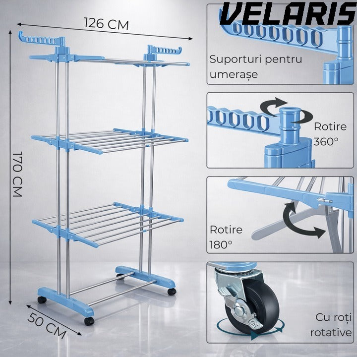 Uscator vertical pentru rufe, cu 3 nivele de uscare, mobil si pliabil, suport umerase, albastru