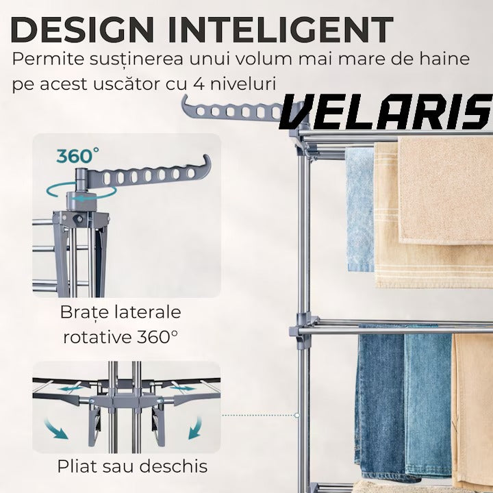 Uscator vertical pentru rufe, cu 3 nivele de uscare, mobil si pliabil, suport umerase, gri