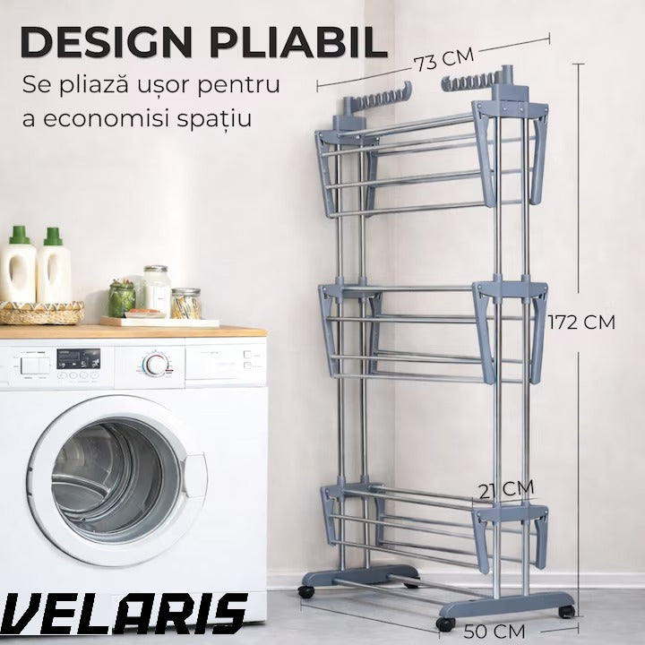 Uscator vertical pentru rufe, cu 3 nivele de uscare, mobil si pliabil, suport umerase, gri