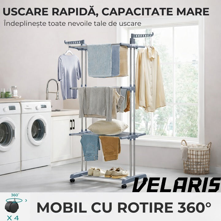 Uscator vertical pentru rufe, cu 3 nivele de uscare, mobil si pliabil, suport umerase, gri