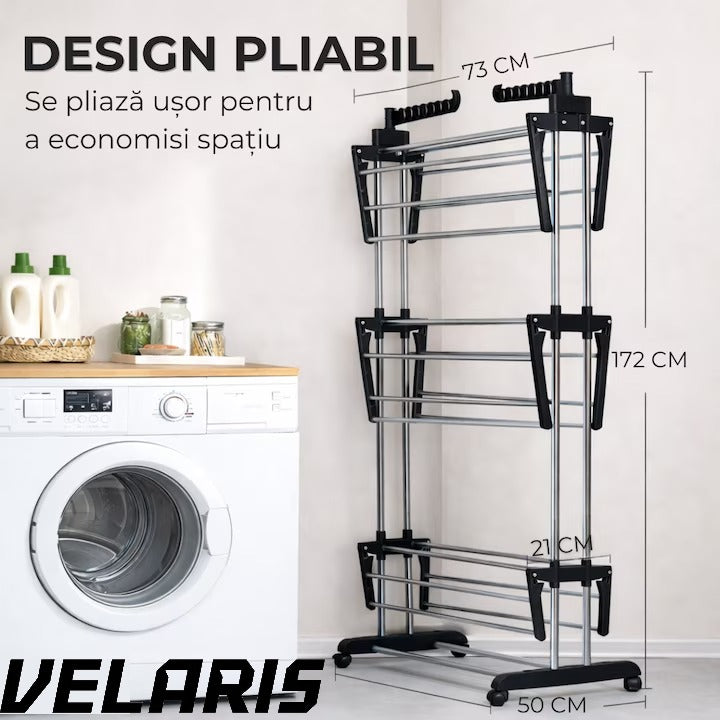 Uscator vertical pentru rufe, cu 3 nivele de uscare, mobil si pliabil, suport umerase, negru