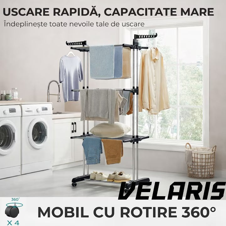 Uscator vertical pentru rufe, cu 3 nivele de uscare, mobil si pliabil, suport umerase, negru