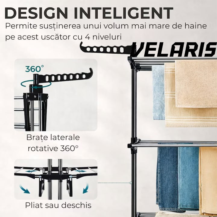 Uscator vertical pentru rufe, cu 3 nivele de uscare, mobil si pliabil, suport umerase, negru