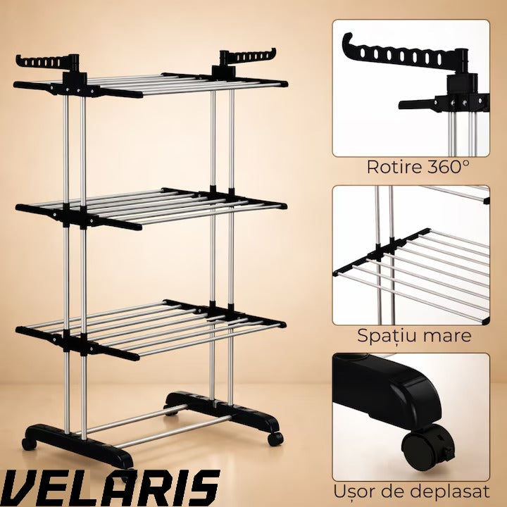 Uscator vertical pentru rufe, cu 3 nivele de uscare, mobil si pliabil, suport umerase, negru