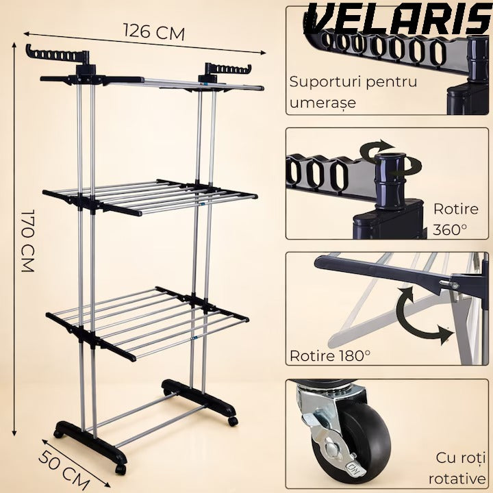 Uscator vertical pentru rufe, cu 3 nivele de uscare, mobil si pliabil, suport umerase, negru