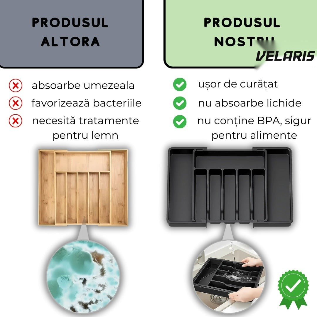 Organizator extensibil sertar bucătărie, 8 compartimente, suport cuțite detașabil, negru