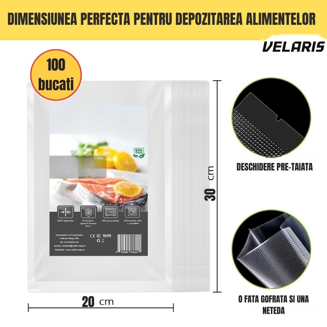 Set pungi vidat 20x30 cm, 100 buc, etanșare puternică, sigure pentru congelator