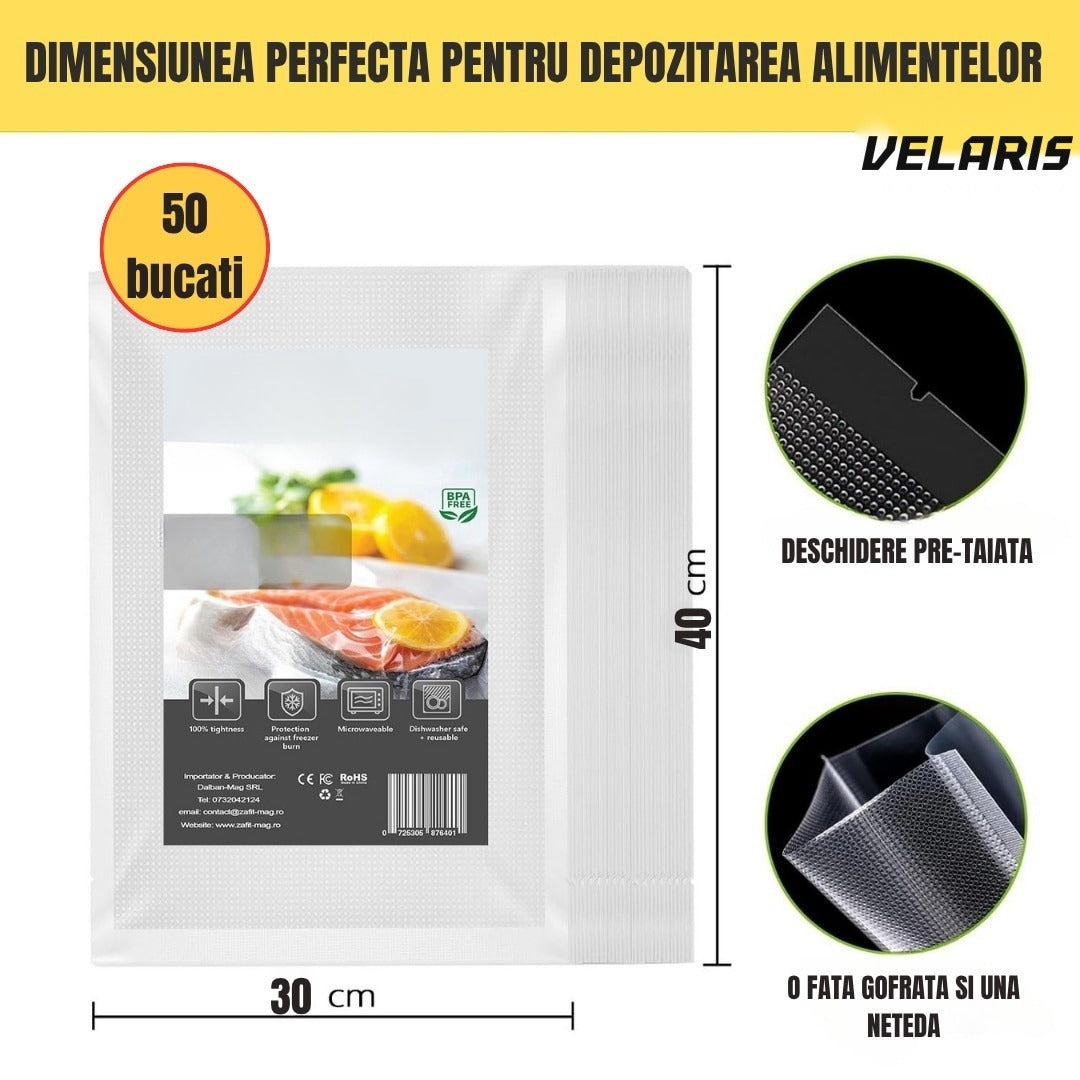 Pungi vacuum 30x40 cm, 50 buc, reutilizabile, pentru alimente și congelare