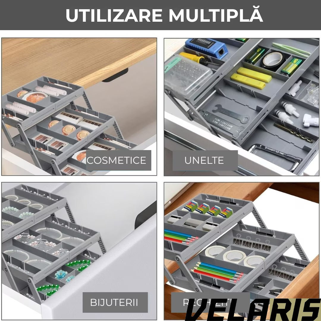 Organizator Sertar Extensibil pe 3 nivele pentru Bijuterii si Cosmetice, 24, 13 x 19, 05 x 6, 99 cm, Negru, Sistem Reglabil cu Compartimente