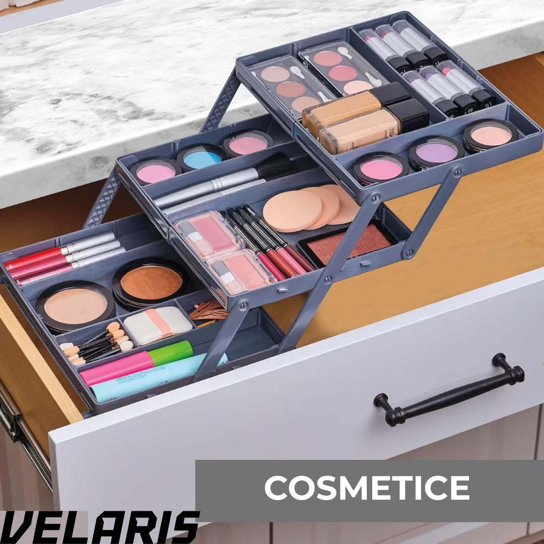 Organizator Sertar Extensibil pe 3 nivele pentru Bijuterii si Cosmetice, 24, 13 x 19, 05 x 6, 99 cm, Negru, Sistem Reglabil cu Compartimente
