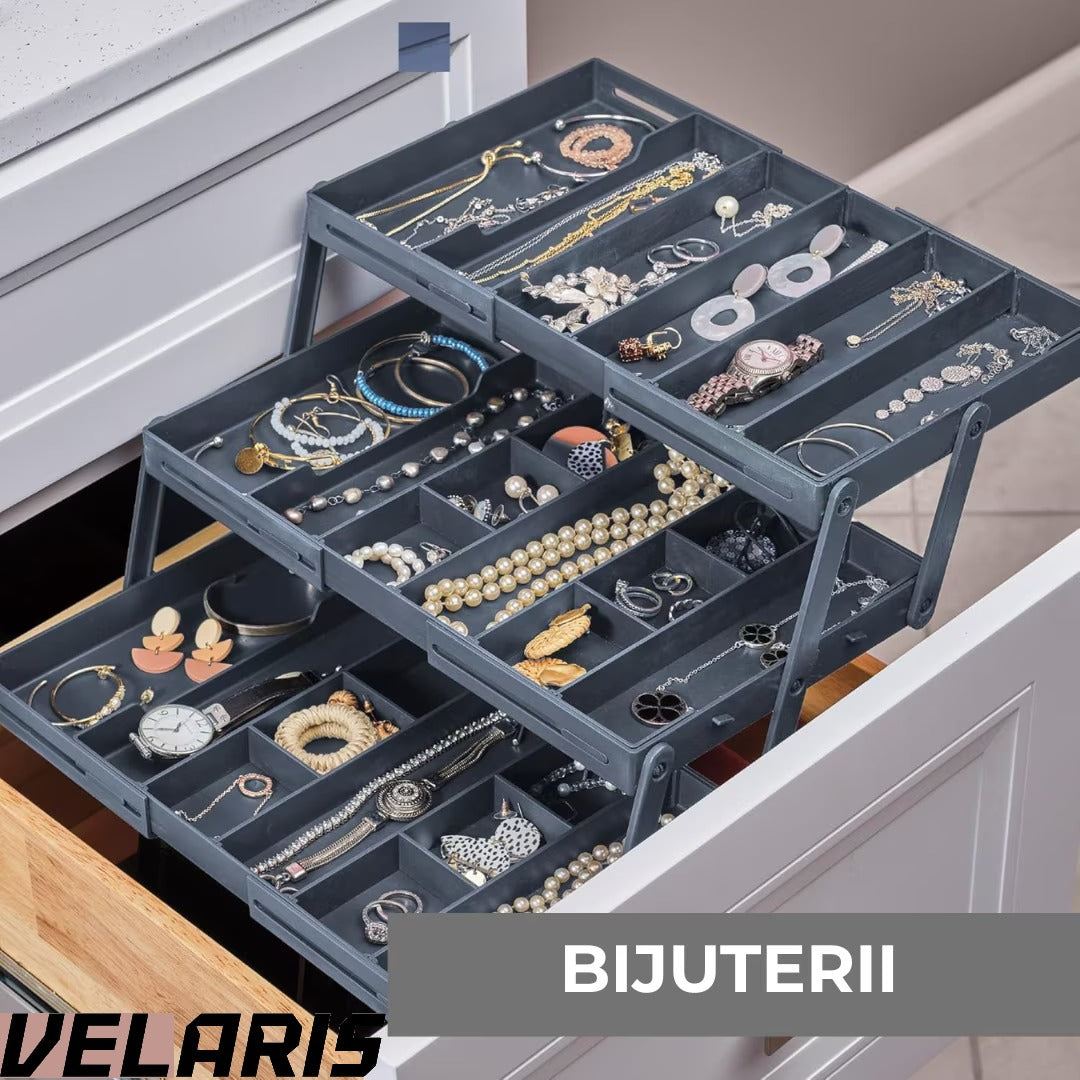 Organizator Sertar Extensibil pe 3 nivele pentru Bijuterii si Cosmetice, 24, 13 x 19, 05 x 6, 99 cm, Negru, Sistem Reglabil cu Compartimente