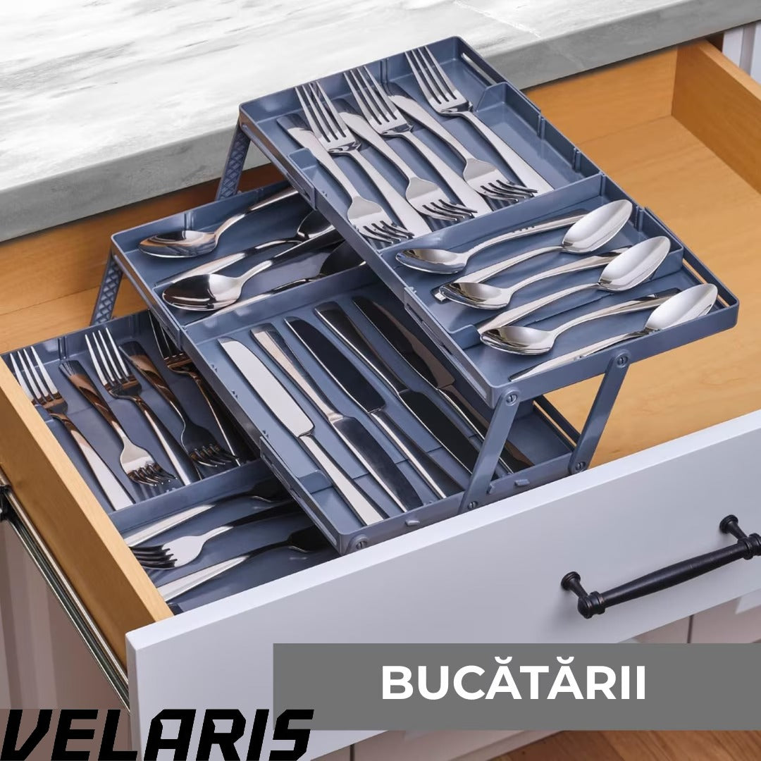 Organizator Sertar Extensibil pe 3 nivele pentru Bijuterii si Cosmetice, 24, 13 x 19, 05 x 6, 99 cm, Negru, Sistem Reglabil cu Compartimente
