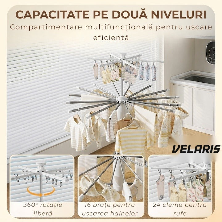 Uscător de rufe vertical pliabil, 2 niveluri, 16 bare, 24 clești, suport umerașe, 170 cm