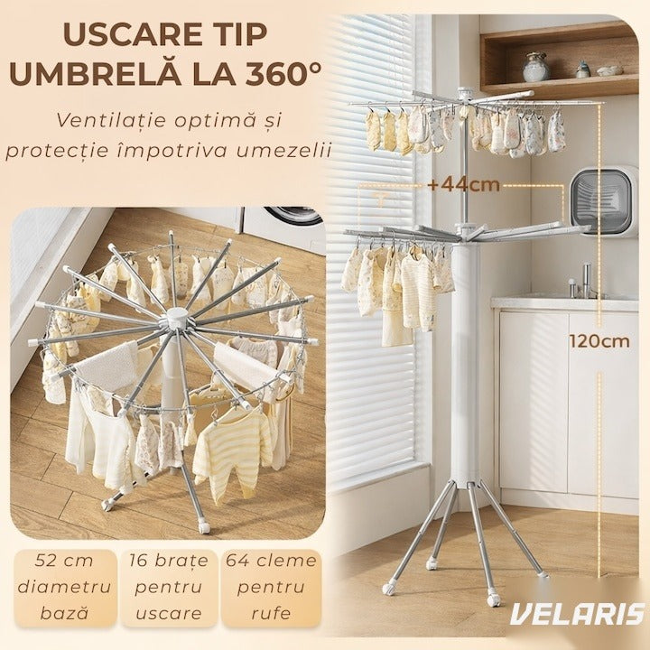 Uscător de rufe vertical pliabil, 2 niveluri, 16 bare, 24 clești, suport umerașe, 170 cm