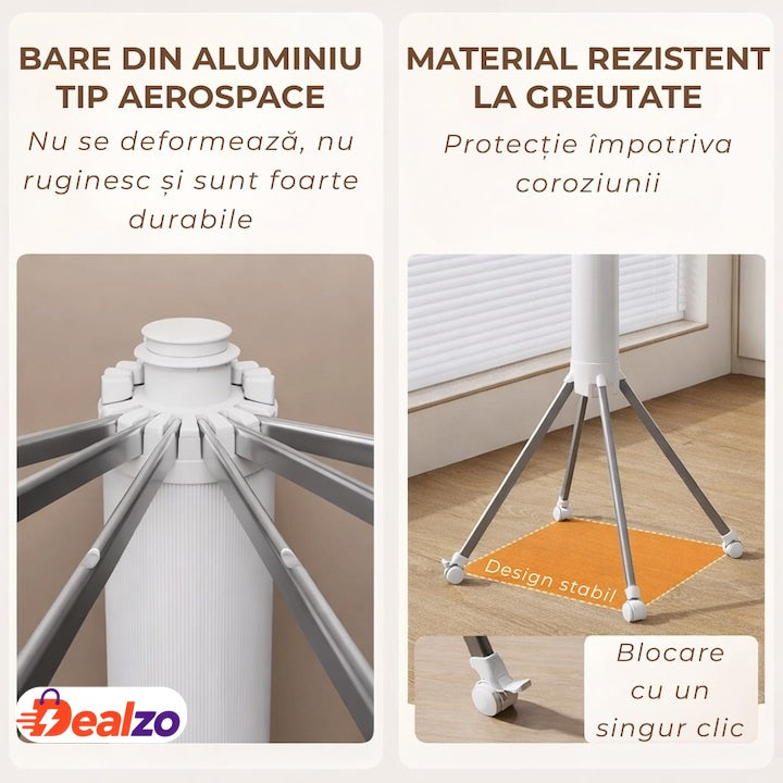 Uscător de rufe vertical pliabil, 2 niveluri, 16 bare, 24 clești, suport umerașe, 170 cm