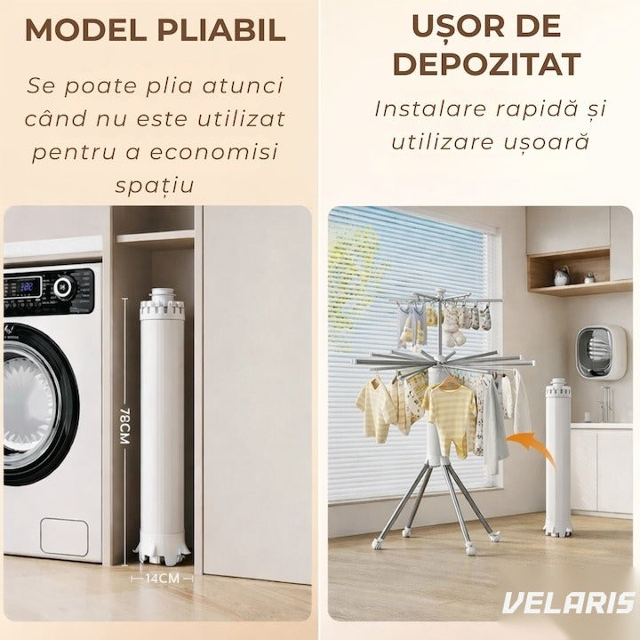 Uscător de rufe vertical pliabil, 2 niveluri, 16 bare, 24 clești, suport umerașe, 170 cm