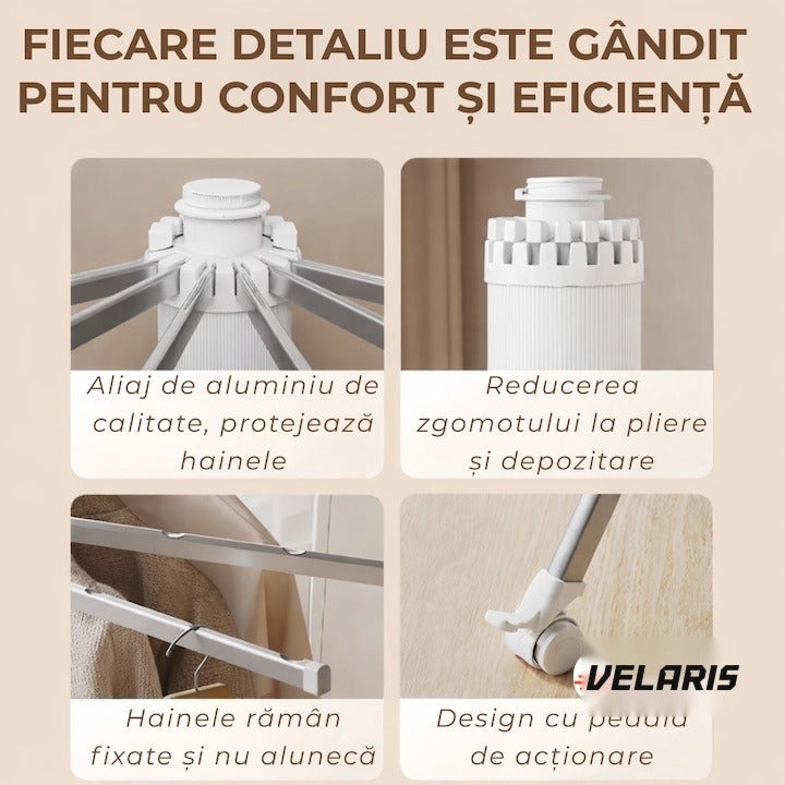 Uscător de rufe vertical pliabil, 2 niveluri, 16 bare, 24 clești, suport umerașe, 170 cm