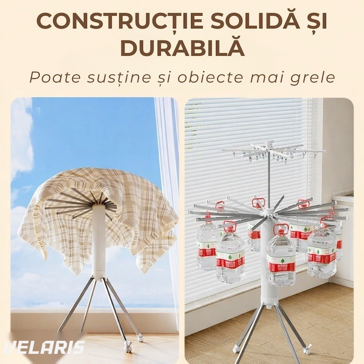 Uscător de rufe vertical pliabil, 2 niveluri, 16 bare, 24 clești, suport umerașe, 170 cm