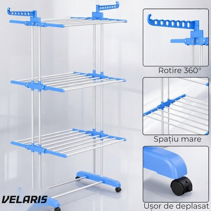 Uscător de rufe vertical, 3 niveluri, pliabil, suport umerașe, albastru, 173 cm