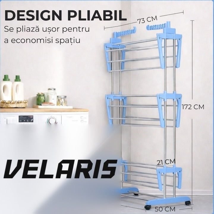 Uscător de rufe vertical, 3 niveluri, pliabil, suport umerașe, albastru, 173 cm
