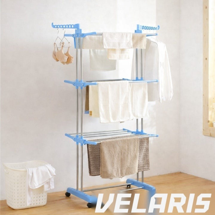 Uscător de rufe vertical, 3 niveluri, pliabil, suport umerașe, albastru, 173 cm