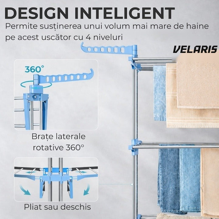 Uscător de rufe vertical, 3 niveluri, pliabil, suport umerașe, albastru, 173 cm
