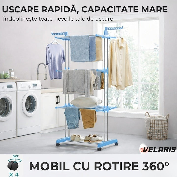 Uscător de rufe vertical, 3 niveluri, pliabil, suport umerașe, albastru, 173 cm