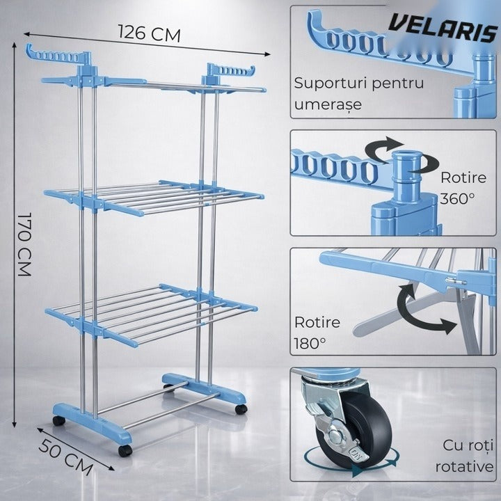 Uscător de rufe vertical, 3 niveluri, pliabil, suport umerașe, albastru, 173 cm