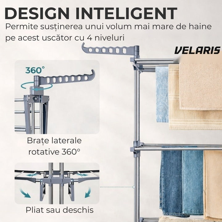 Uscător de rufe vertical, 3 niveluri, pliabil, suport umerașe, gri, 173 cm