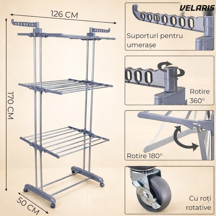 Uscător de rufe vertical, 3 niveluri, pliabil, suport umerașe, gri, 173 cm