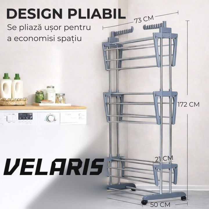 Uscător de rufe vertical, 3 niveluri, pliabil, suport umerașe, gri, 173 cm