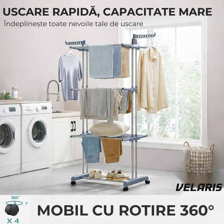 Uscător de rufe vertical, 3 niveluri, pliabil, suport umerașe, gri, 173 cm