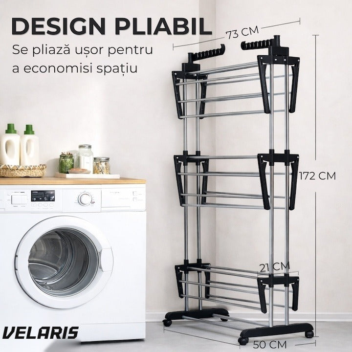 Uscător de rufe vertical, 3 niveluri, pliabil, suport umerașe, negru, 173 cm