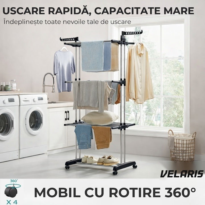 Uscător de rufe vertical, 3 niveluri, pliabil, suport umerașe, negru, 173 cm