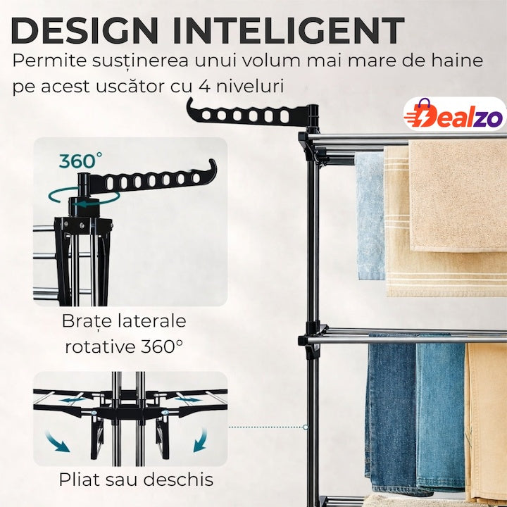 Uscător de rufe vertical, 3 niveluri, pliabil, suport umerașe, negru, 173 cm