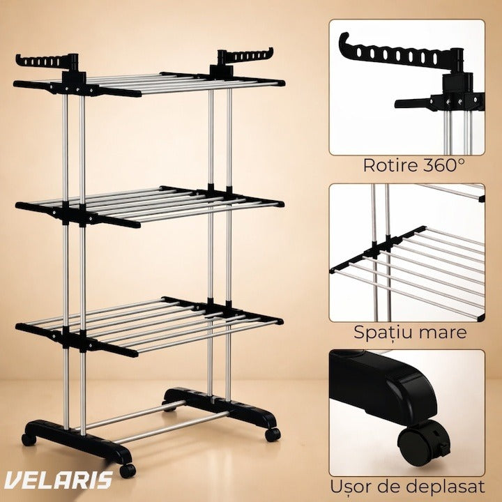 Uscător de rufe vertical, 3 niveluri, pliabil, suport umerașe, negru, 173 cm