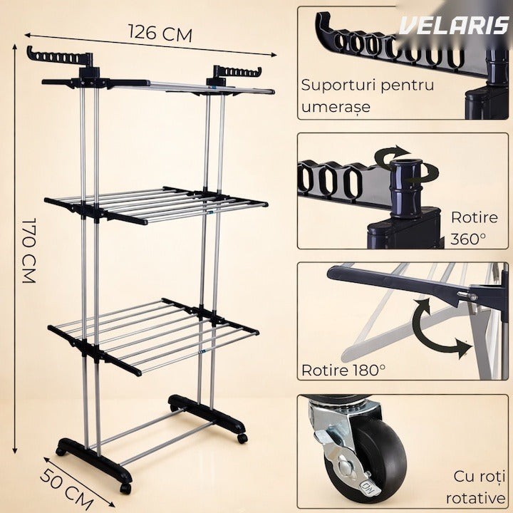 Uscător de rufe vertical, 3 niveluri, pliabil, suport umerașe, negru, 173 cm