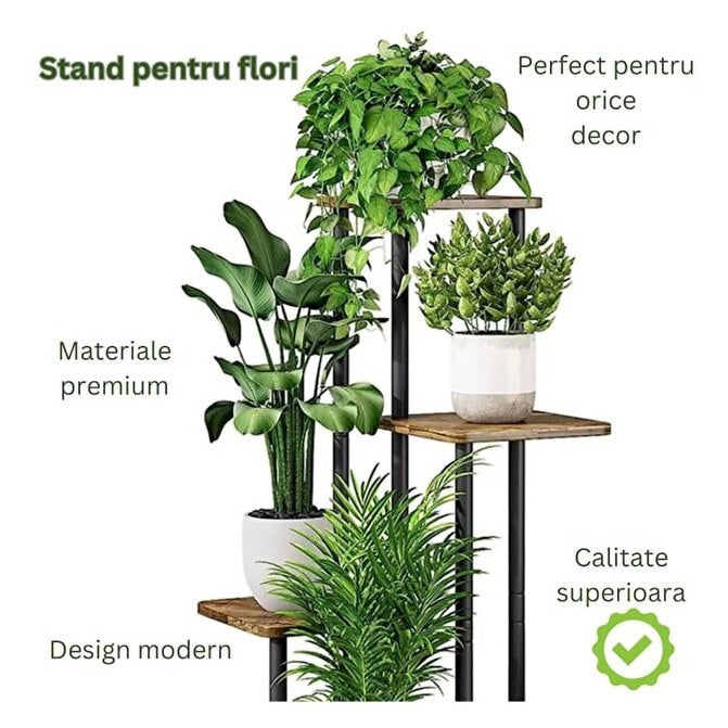 Suport flori vertical 4 rafturi metal și lemn 106,3 cm