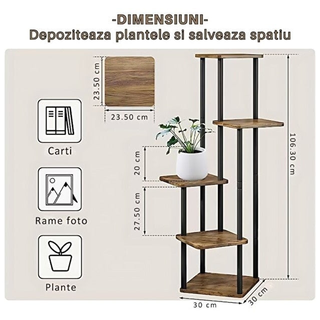 Suport flori vertical 4 rafturi metal și lemn 106,3 cm