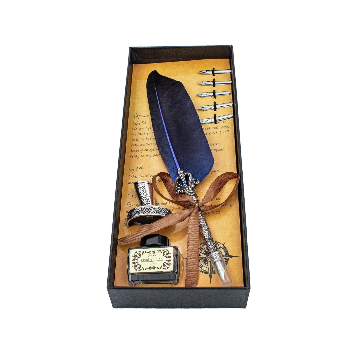 Set pix vintage pană albastră, 5 vârfuri, sticlă cerneală, suport elegant